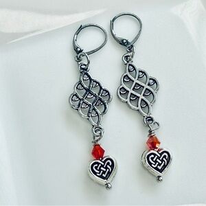 Antique Silver & Red Crystal Celtic Style Earrings